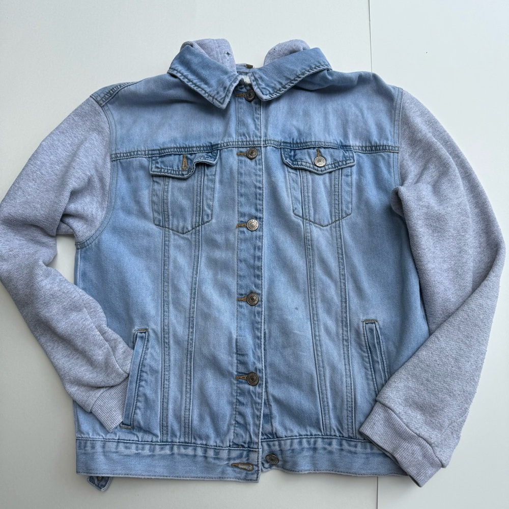 Forever 21 Los Angeles Hooded Jean Jacket, Gray Sweat Shirt Arms/hood, women Med